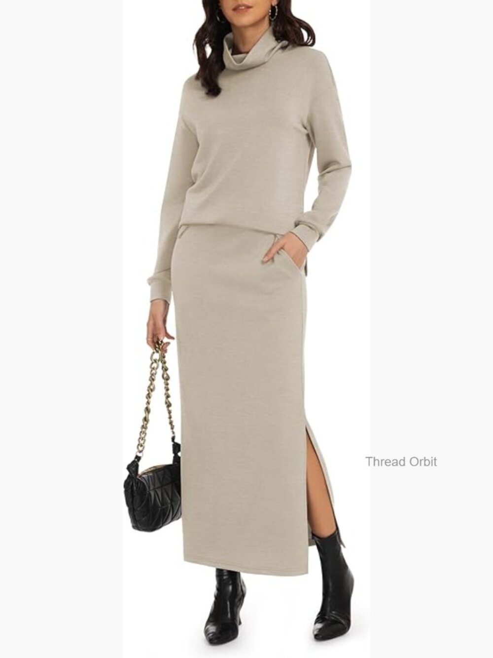 2 Piece Skirt Set Turtleneck Tops Long Skirt Matching Outfits with Pockets